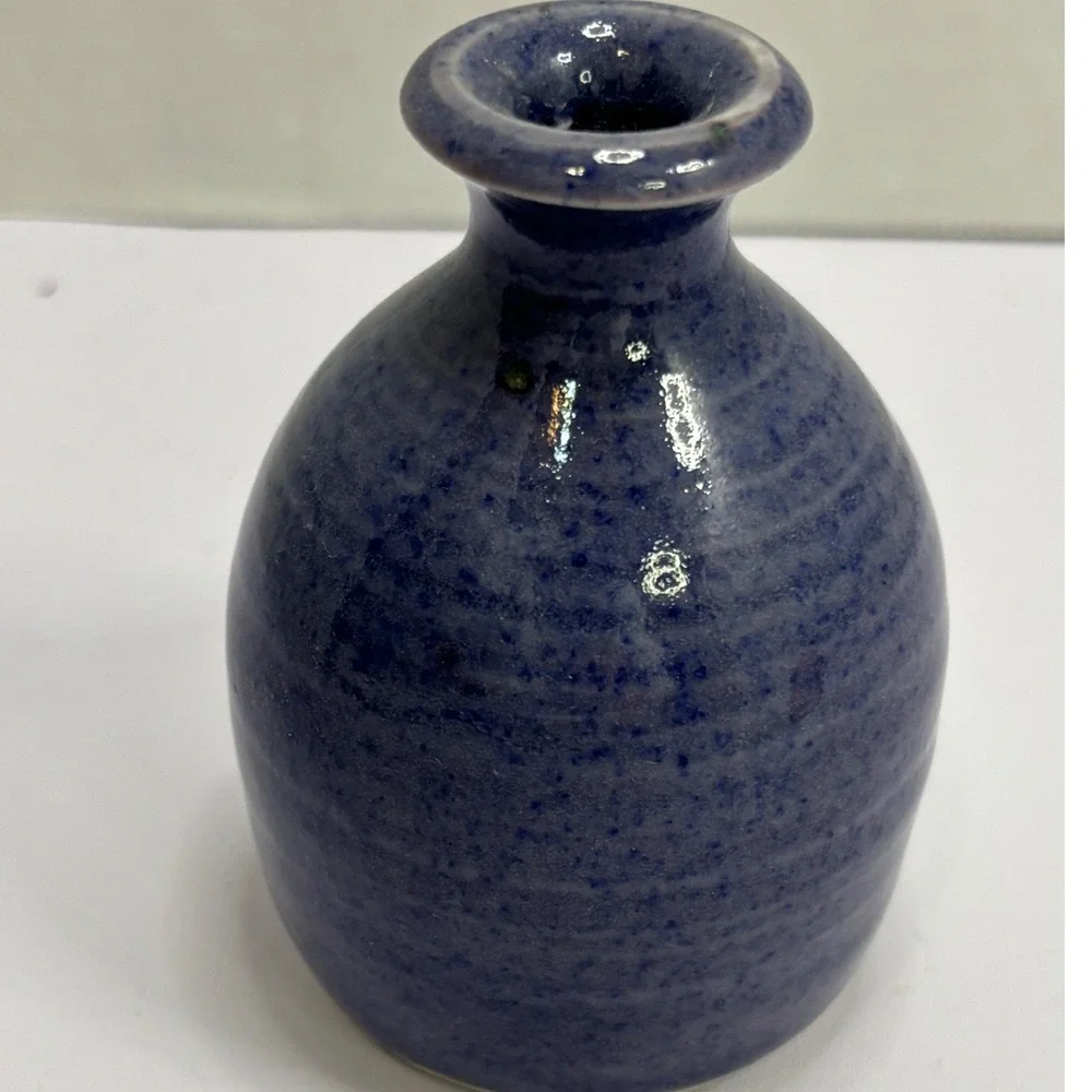Signed Studio Art Pottery Bud Vase Cobalt Blue Green‎ Glaze Hand Thrown 4